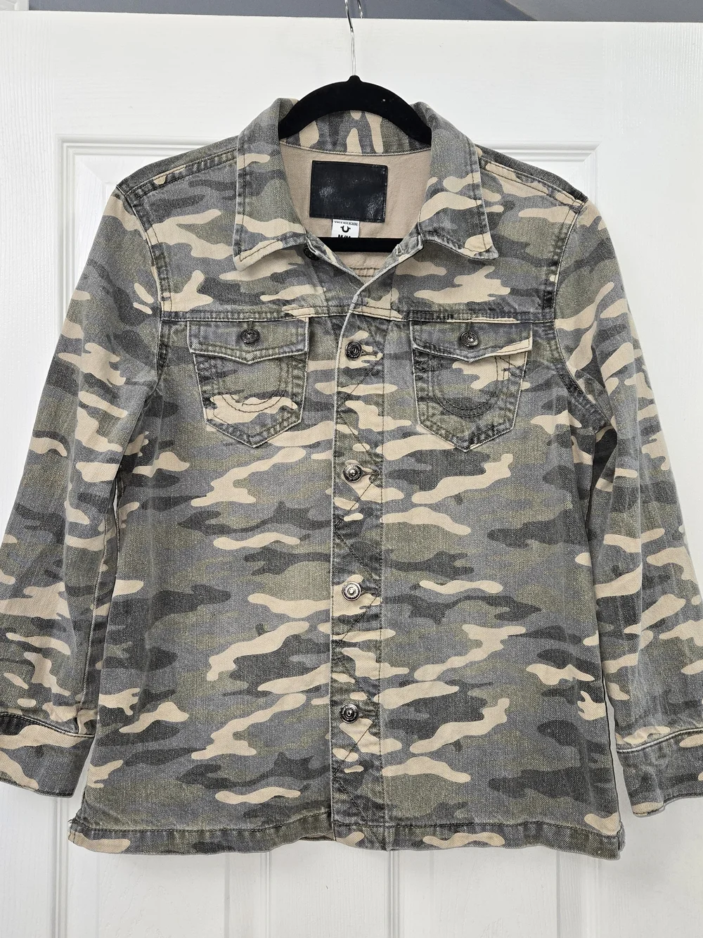 True Religion Womens Camo Trucker Jacket Medium Cotton Linen Blend Military